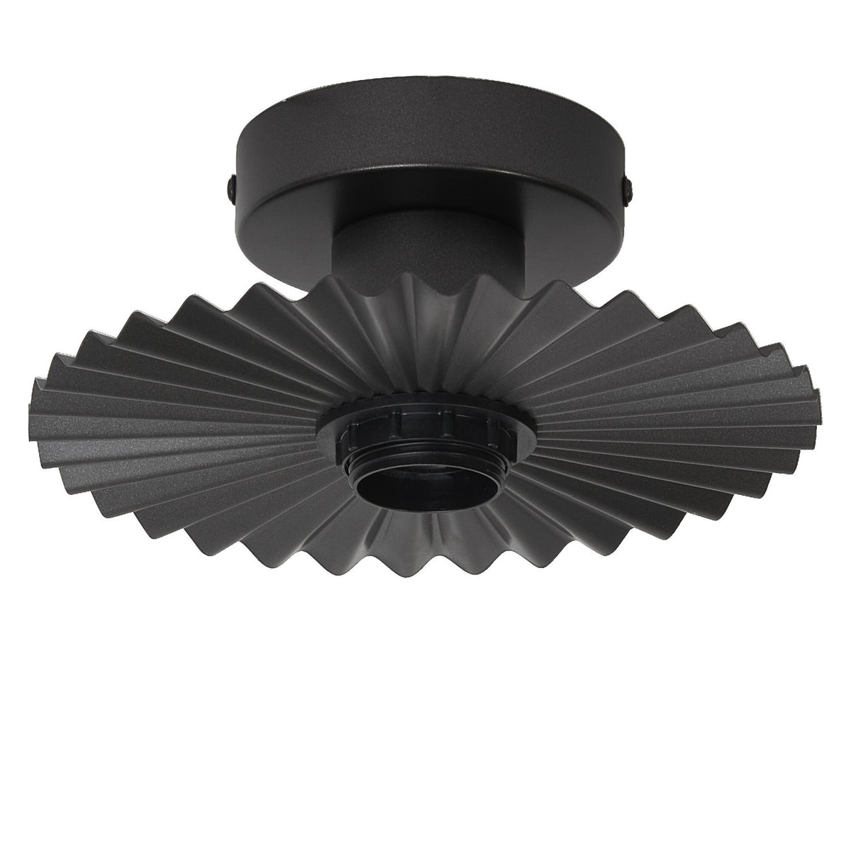 Vue de face du plafonnier anthracite plissé, sans ampoule, sur fond blanc.