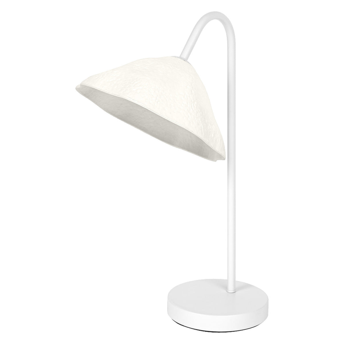 Lampe à poser blanche vue de profil sur fond neutre, abat-jour en forme de feuille.