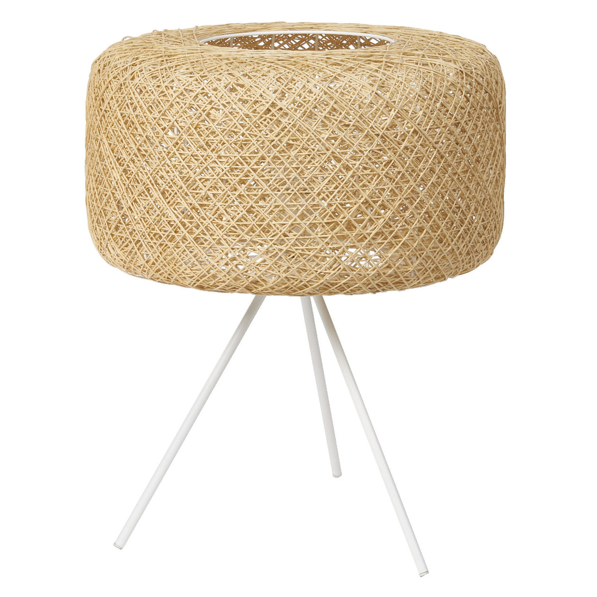 Lampe à poser au abat-jour cylindrique en papier tressé beige et pied trépied blanc.