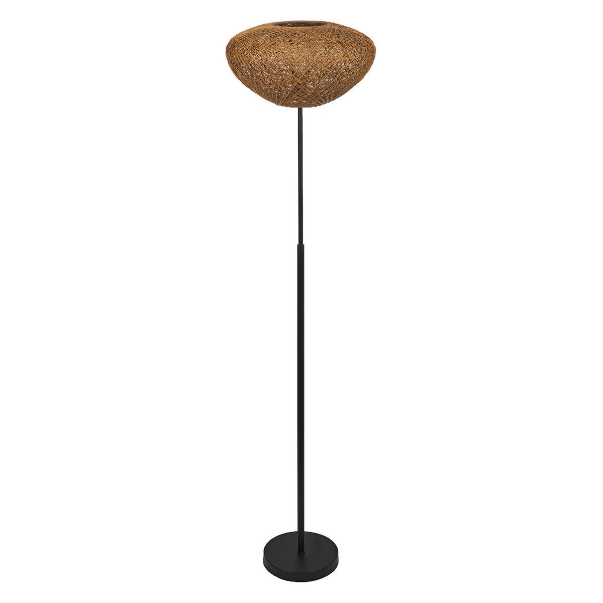 Lampadaire sur fond blanc, vue de face avec abat-jour tissé ovale et pied noir.