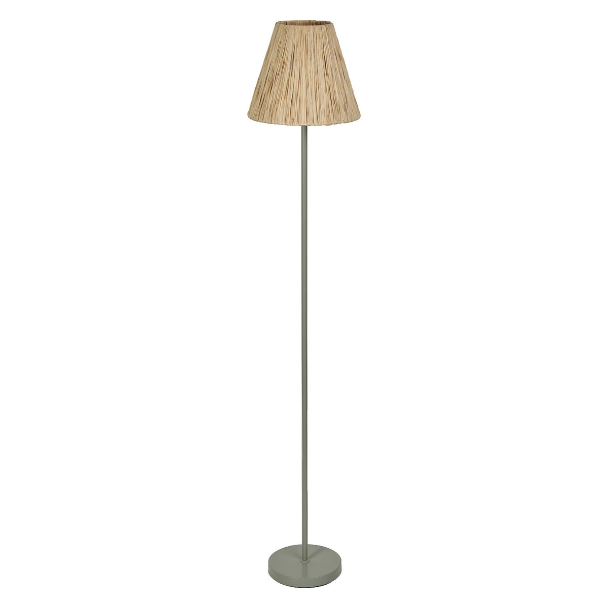 Lampadaire entier sur fond blanc, abat-jour conique en raphia et pied vert