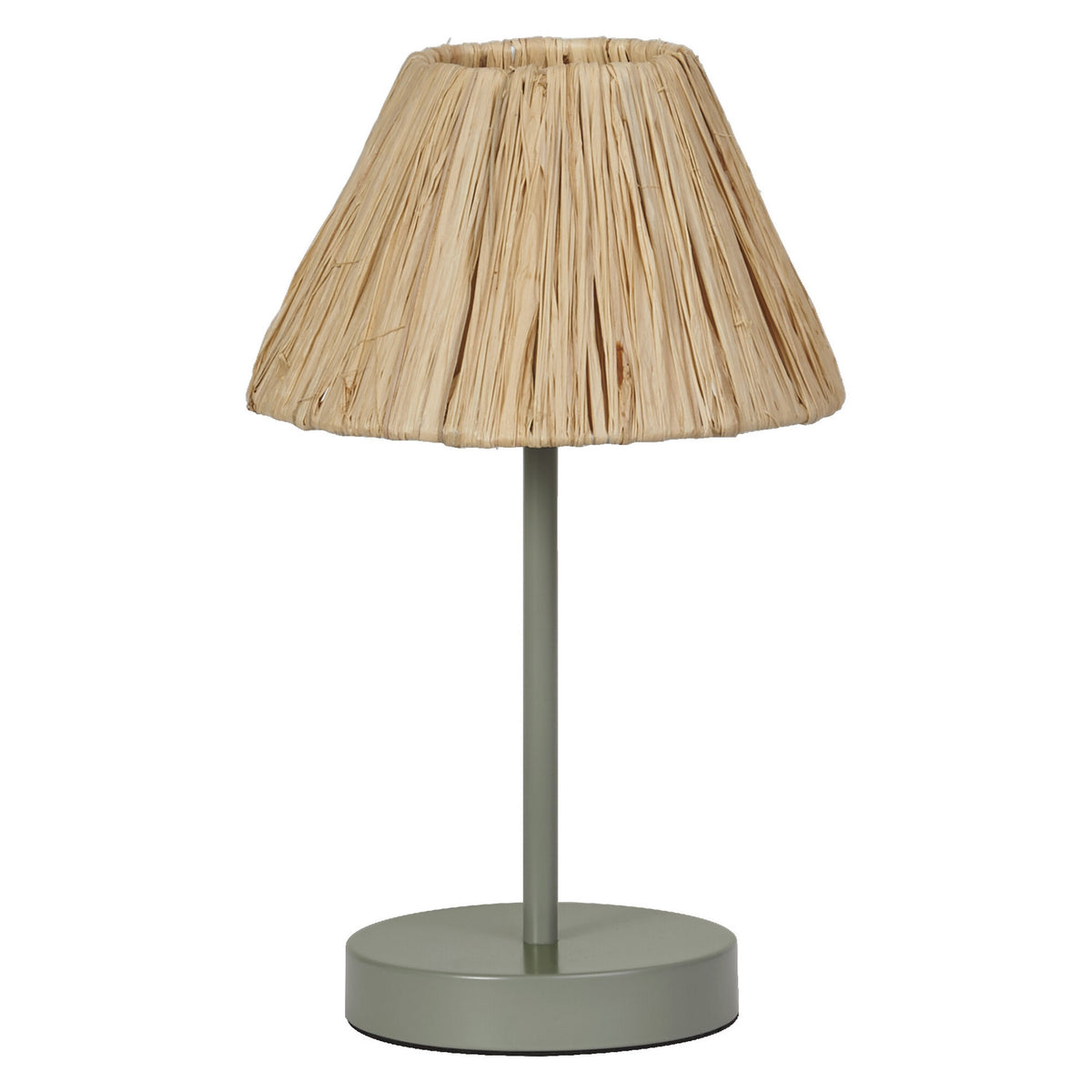 Lampe à poser de face, pied vert et abat-jour conique en raphia tressé.
