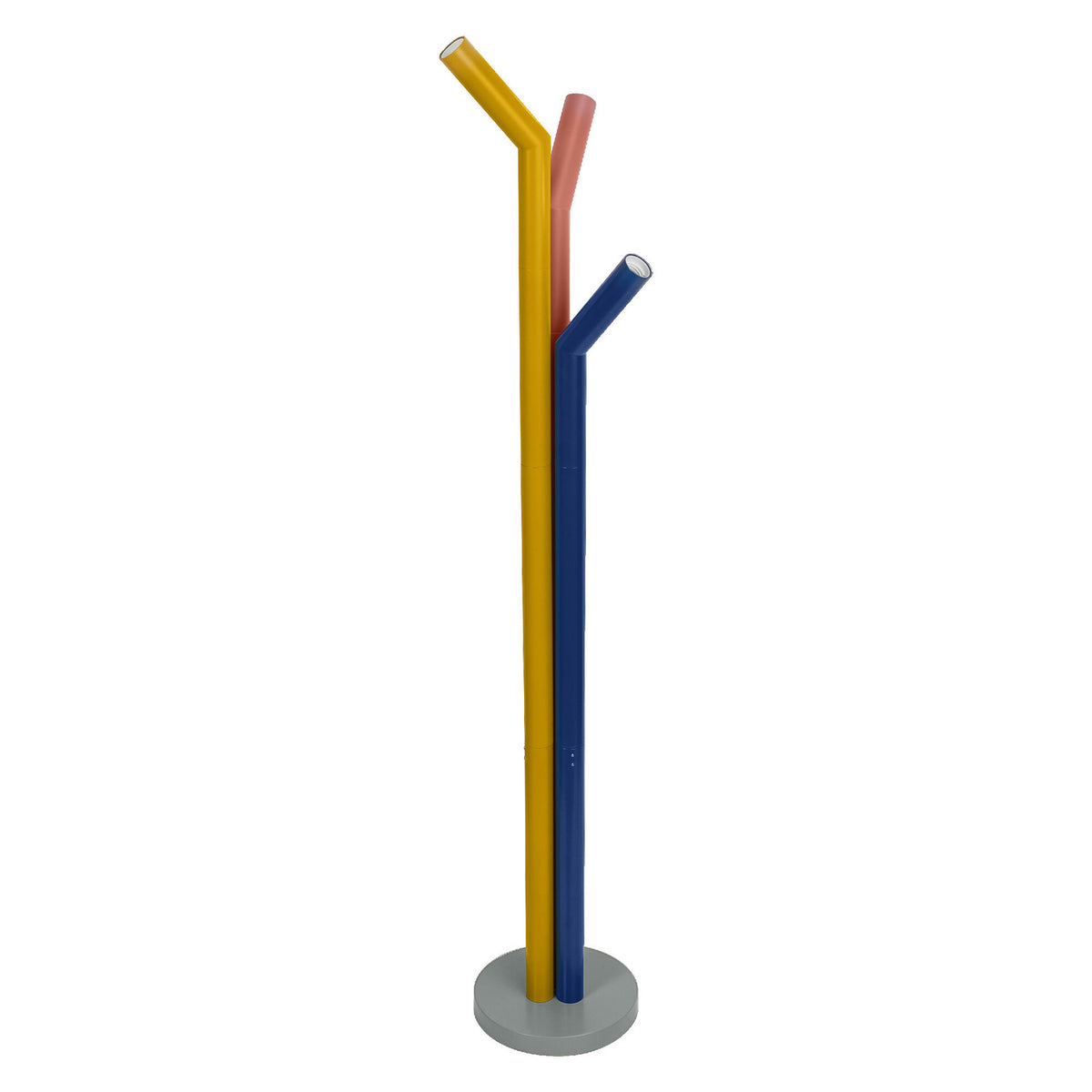 Lampadaire sur pied aux trois tiges colorées inclinées, présenté de face sur fond blanc.