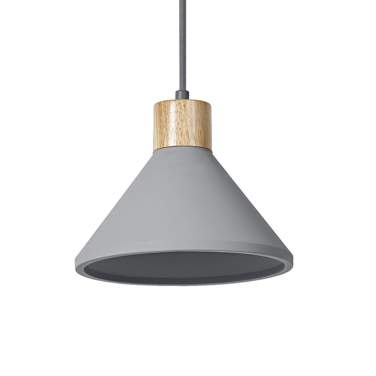 Suspension seule sur fond blanc, abat-jour conique gris et collier en bois.