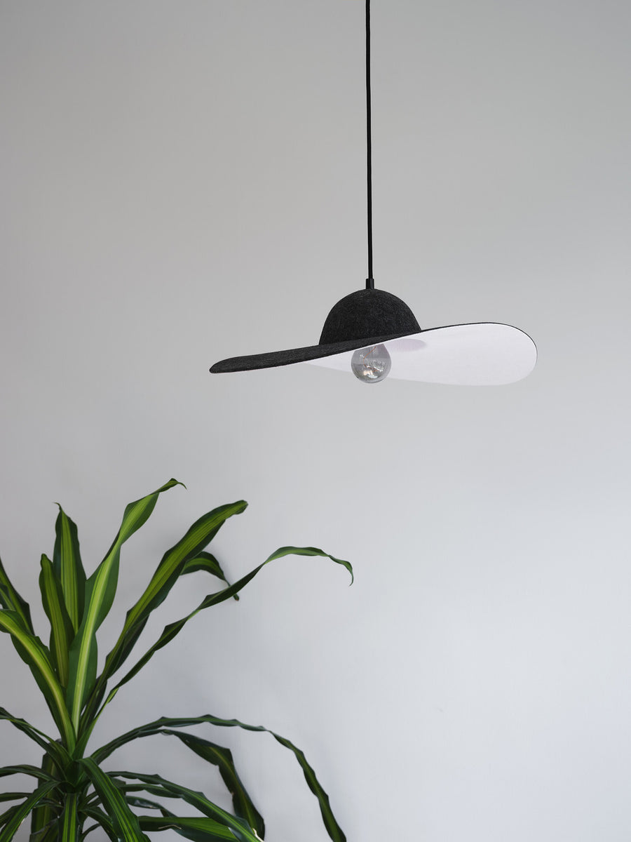 Profil de la suspension éclairée sur fond de mur blanc, plante verte au premier plan.