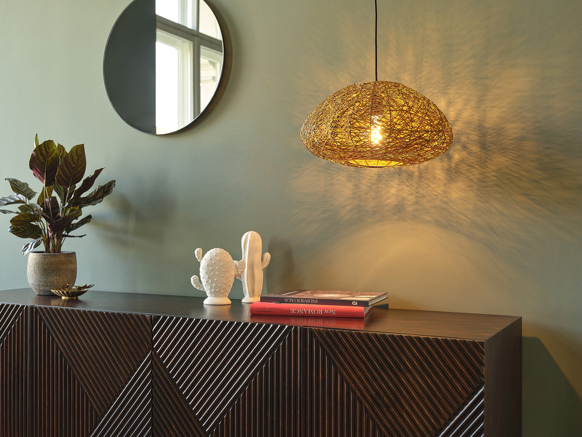 Mise en ambiance avec suspension allumée, cactus décoratifs et livres sur meuble.