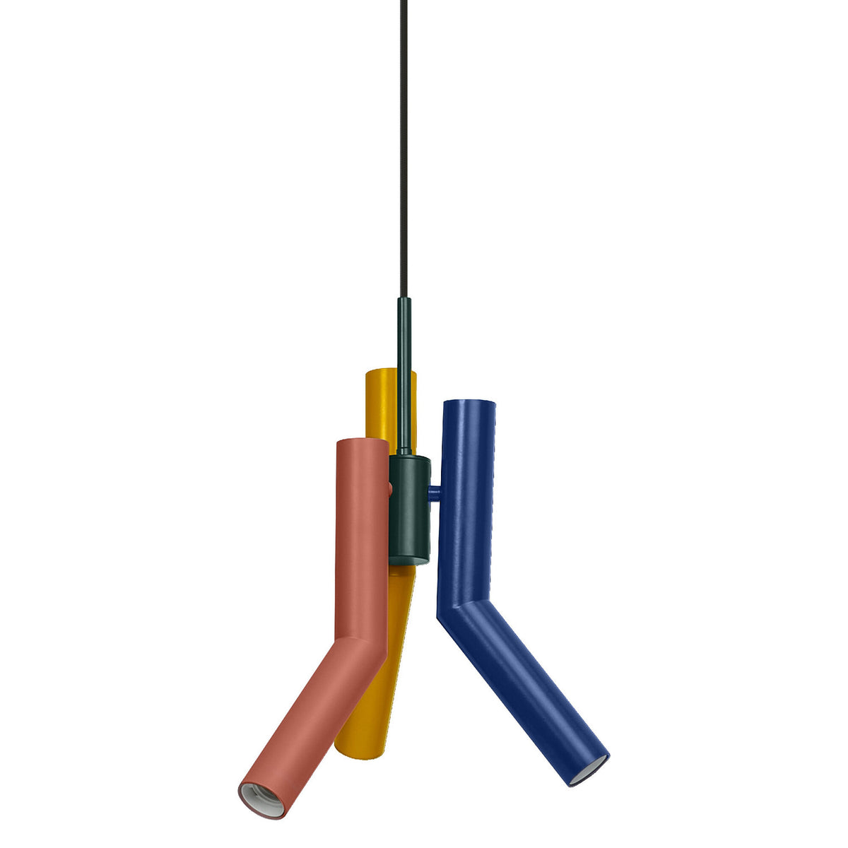 Suspension multicolore à trois bras tubulaires coudés, vue de face sur fond blanc.