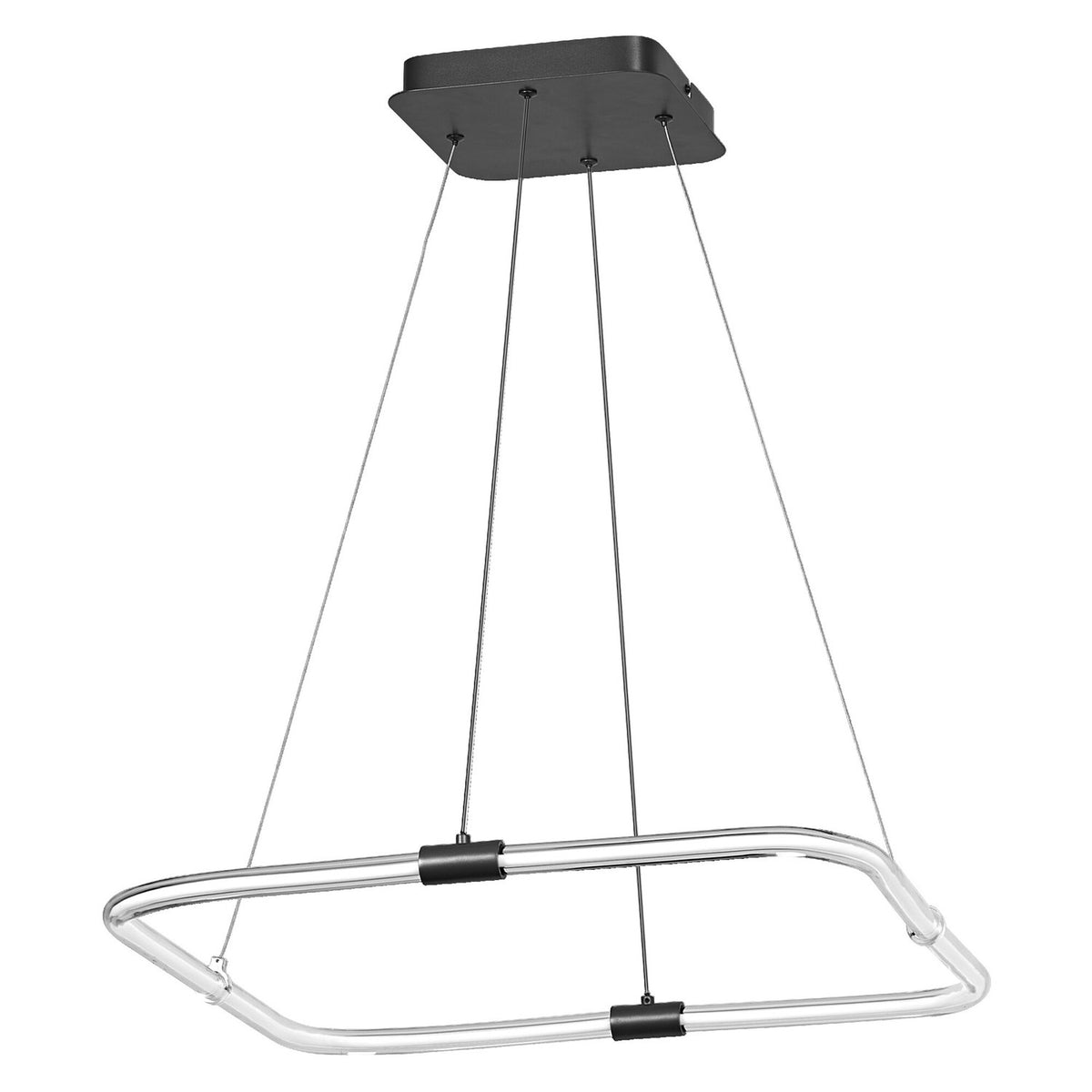 Vue produit du luminaire suspendu noir, cadre rectangulaire et câbles fins.