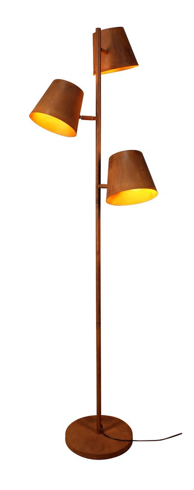 Vue de face du lampadaire seul sur fond blanc, trois abat-jours coniques et socle rond.