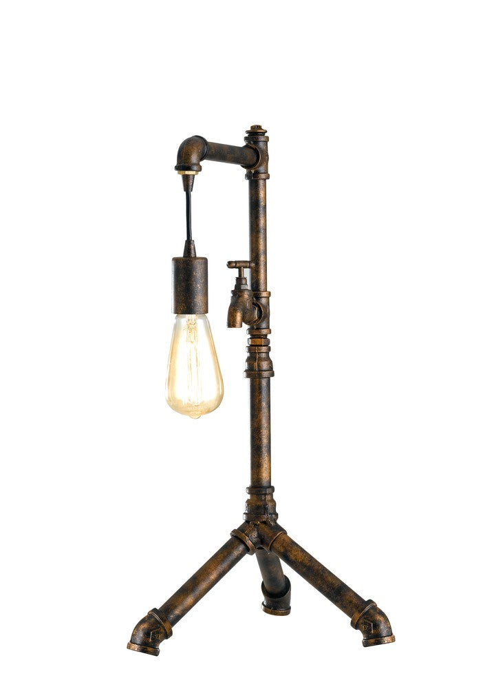 Vue rapprochée de l'ampoule Edison et du robinet décoratif en métal vieilli