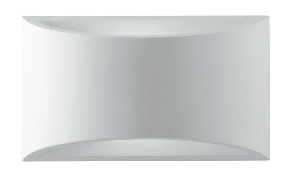 Vue rapprochée du luminaire mural blanc, face avant légèrement inclinée, éclairage doux.