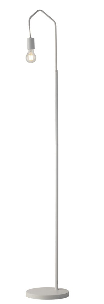 Vue de trois quarts du lampadaire blanc, bras coudé et douille grise