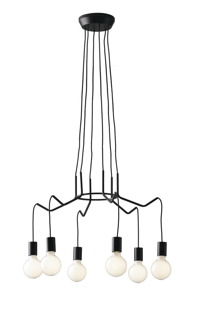 Vue de face du luminaire, structure filaire noire et ampoules blanches suspendues
