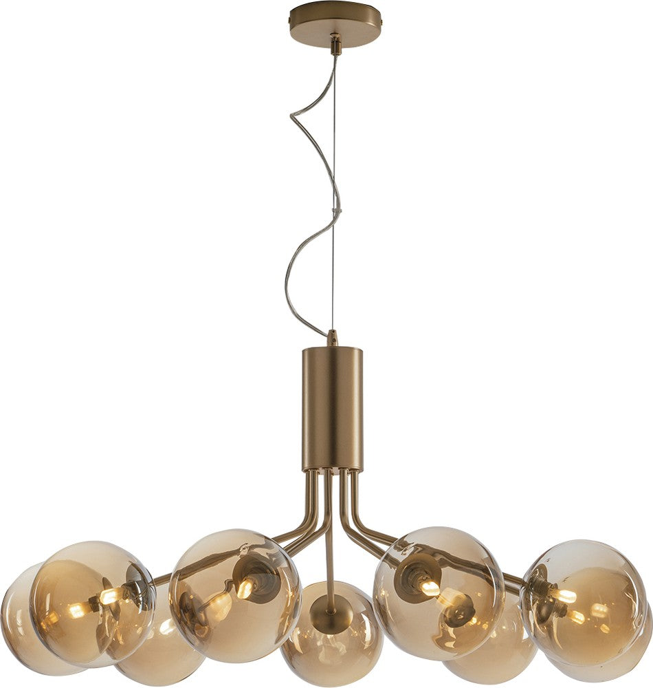Suspension laiton à cinq globes de verre ambré, vue de face sur fond blanc