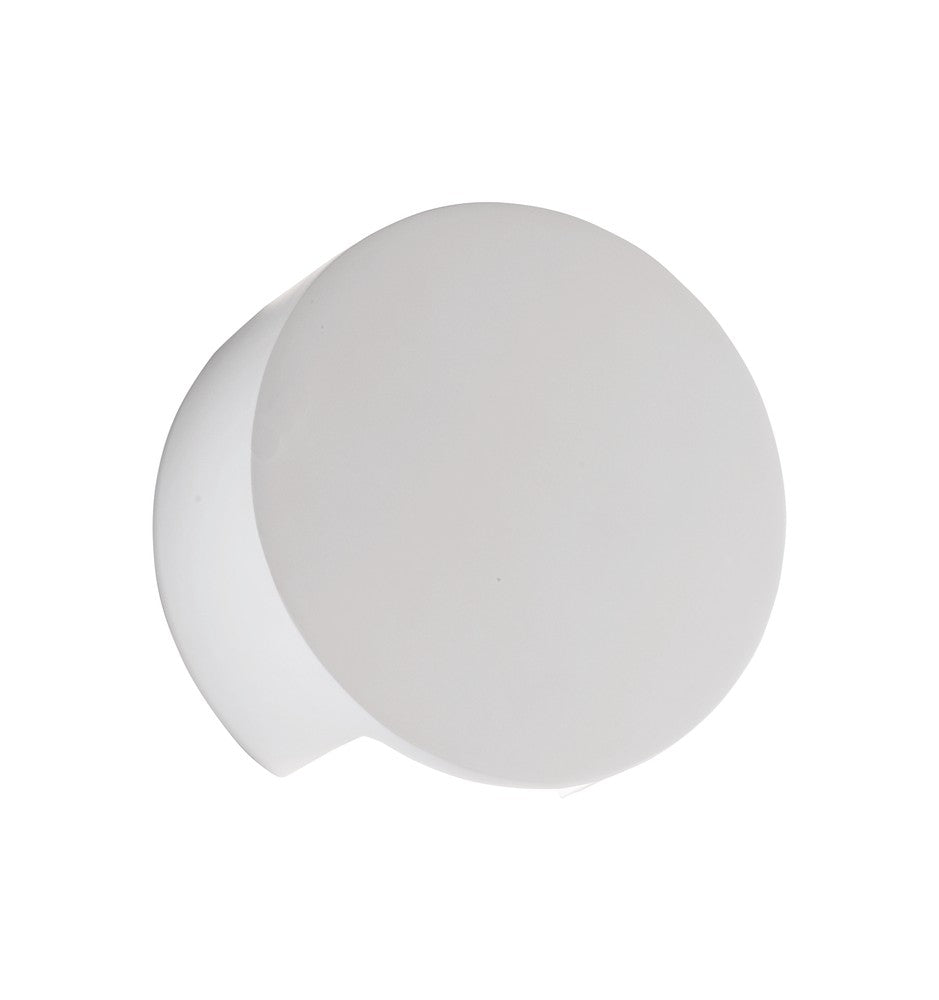 Applique murale blanche ronde en plâtre, vue de face sur fond blanc.