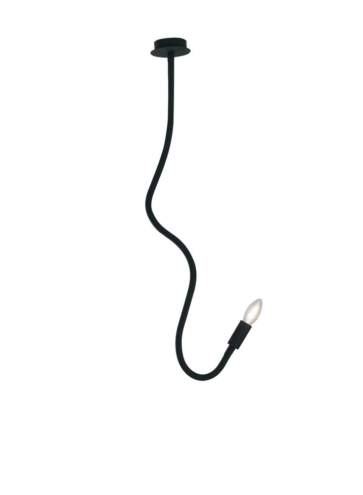 Vue de face du luminaire noir, câble en courbe en S et douille apparente