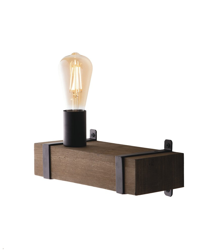 Applique murale en bois marron avec douille cylindrique noire et ampoule Edison allumée
