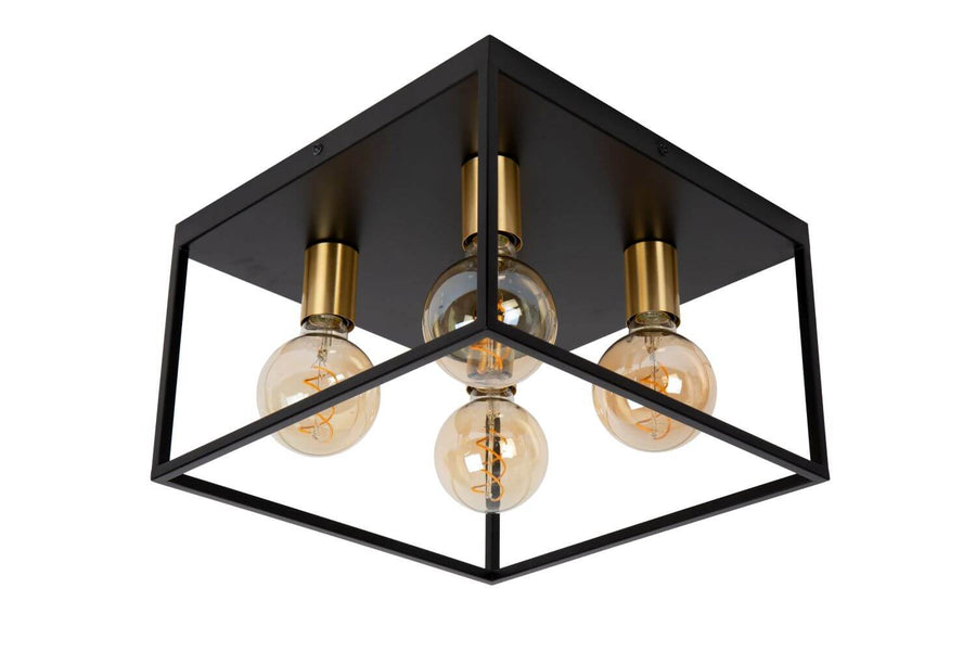 Vue rapprochée des ampoules Edison et des douilles dorées sur structure noire
