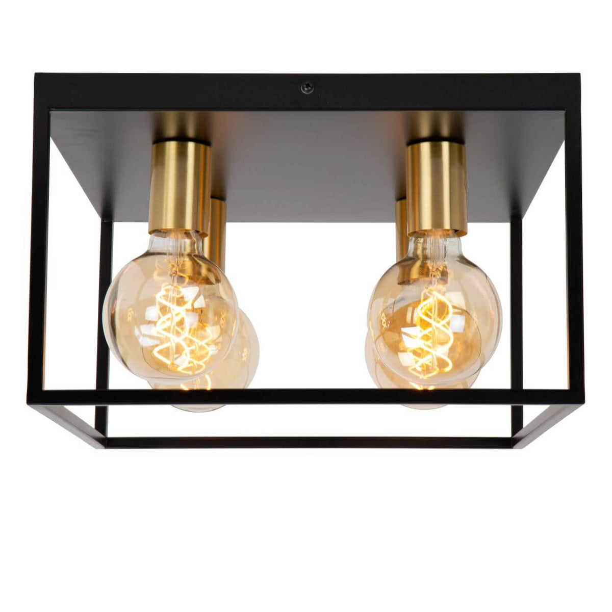 Vue de face du luminaire carré à quatre lumières avec ampoules à filament