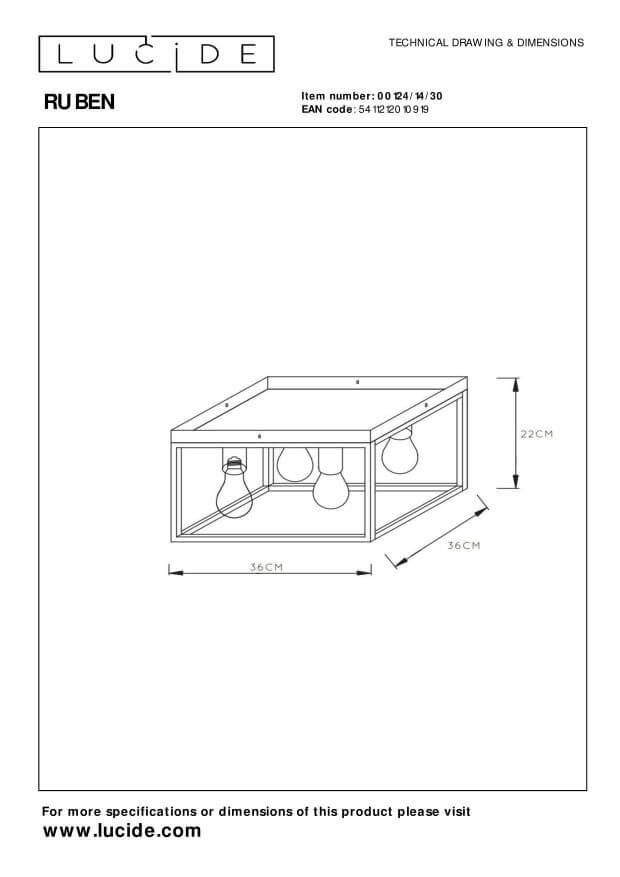 Schéma technique coté du plafonnier carré avec dimensions largeur et hauteur