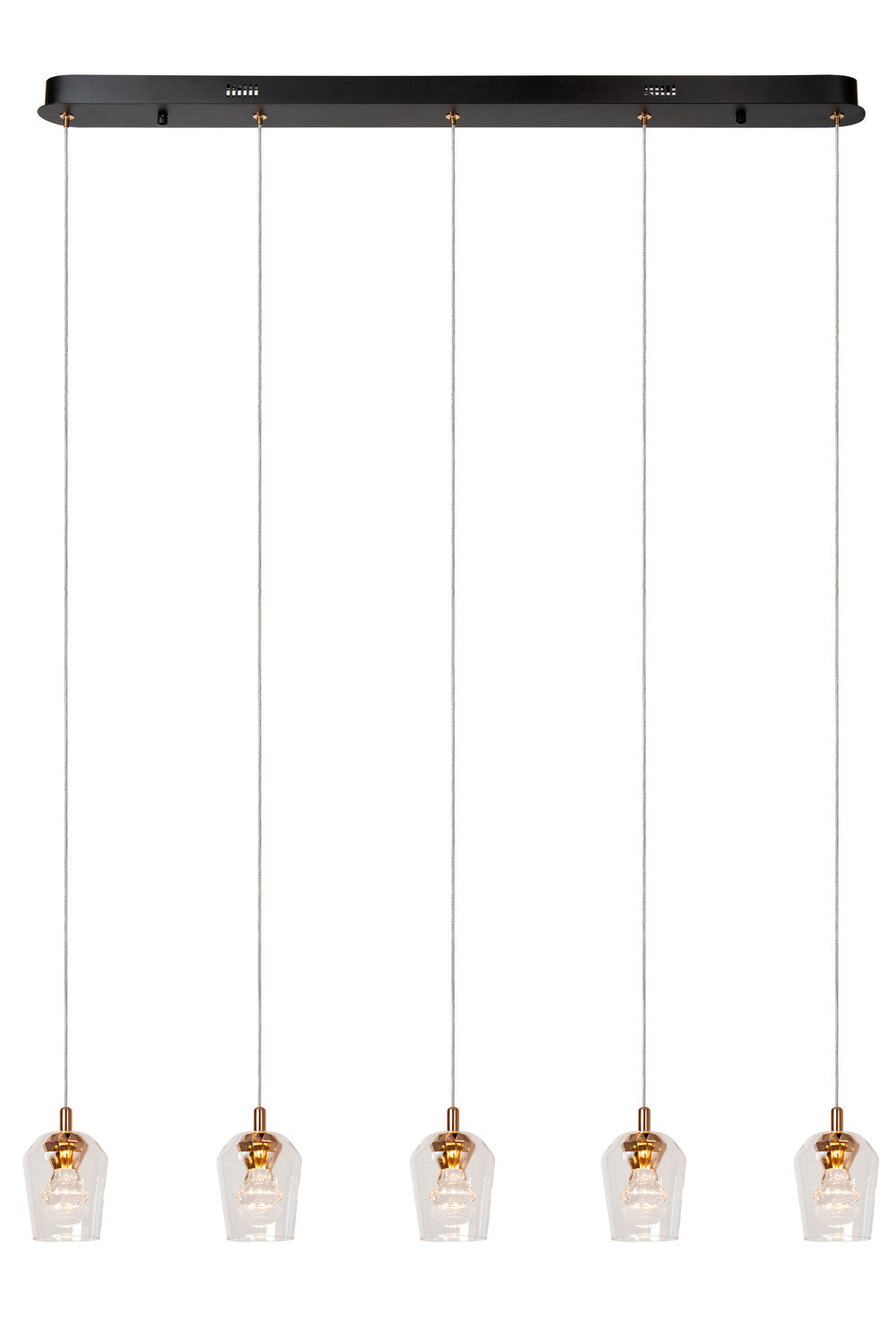 Vue de face du luminaire complet, cinq suspensions en verre transparent alignées sous une barre noire.