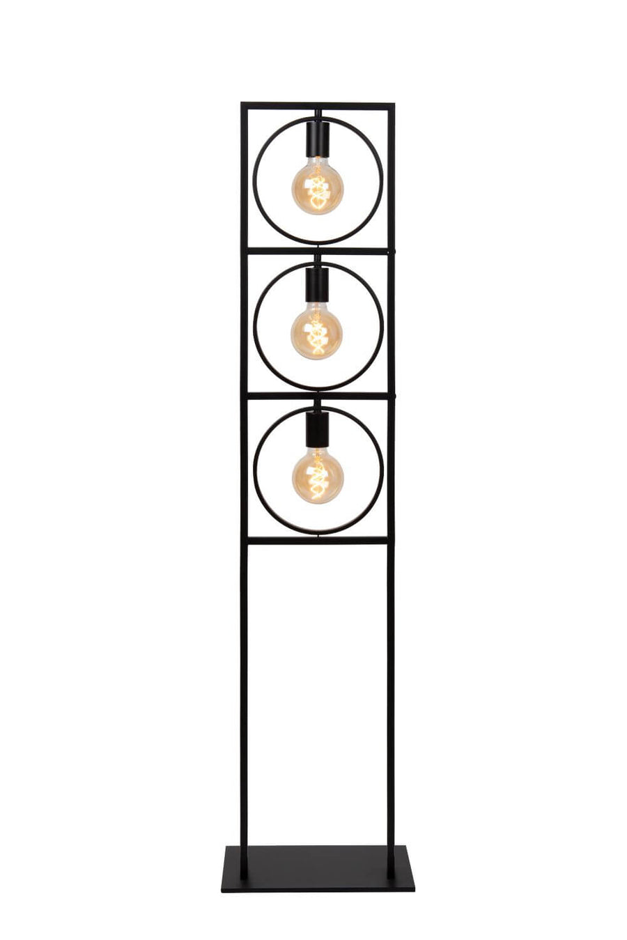 Lampadaire métallique noir vu de face, structure carrée et ronde, base plate au sol