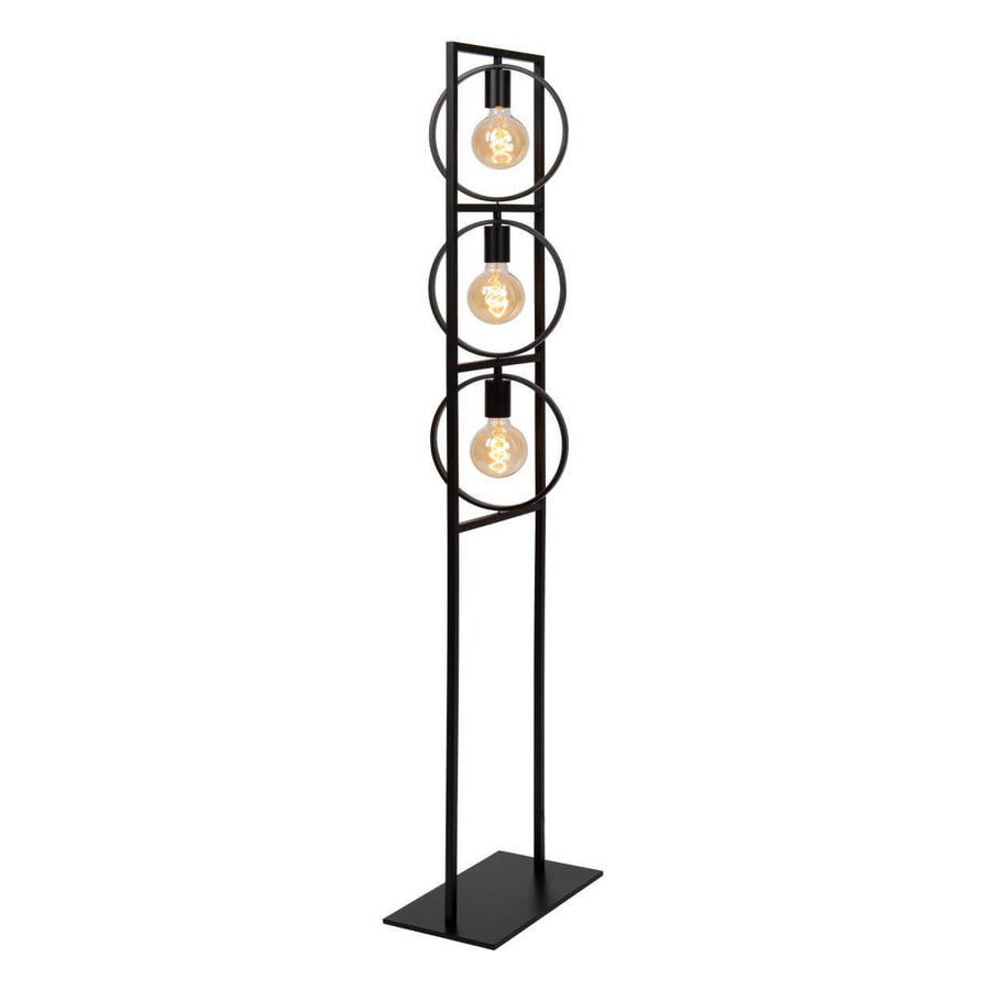 Vue trois quarts du lampadaire, profondeur du cadre noir et base rectangulaire au sol
