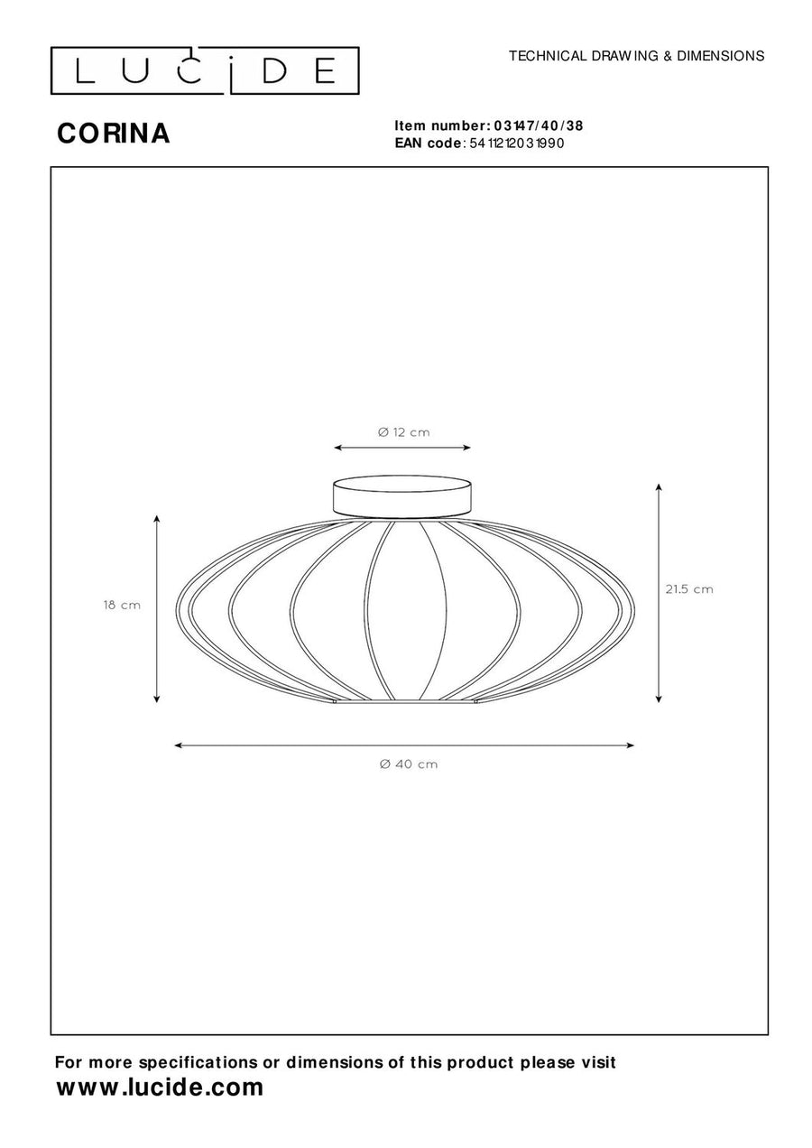 Schéma technique coté du plafonnier Corina : diamètre 40 cm, hauteur 21,5 cm