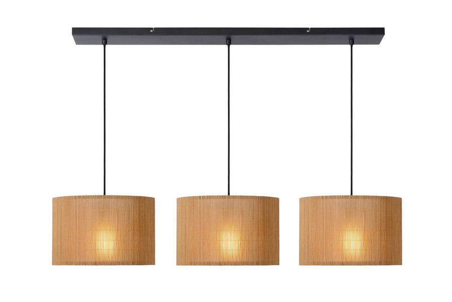 Suspension Magius 3 lumières bois clair et noire, rotin