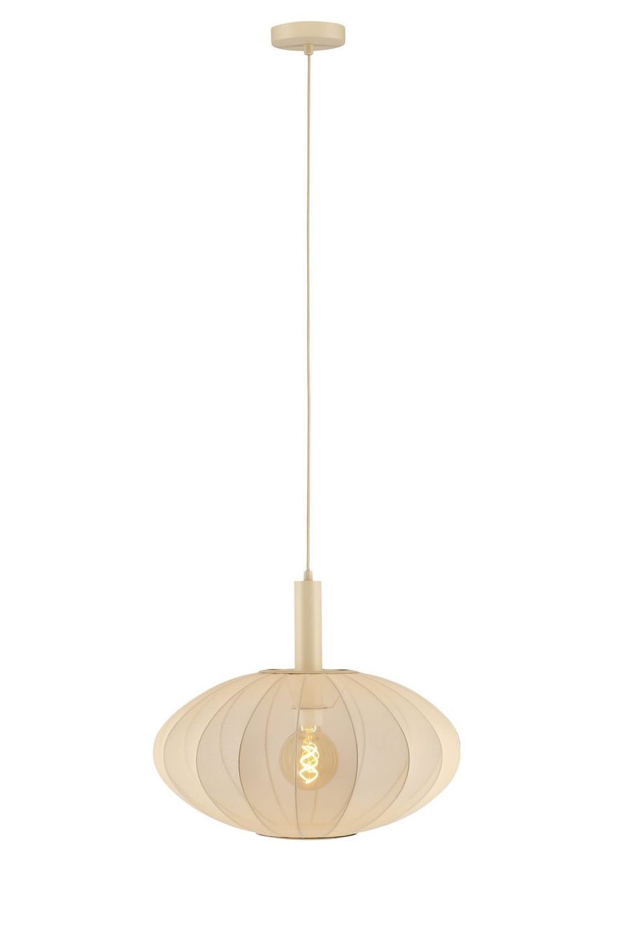 Vue d'ensemble du luminaire suspendu beige, abat-jour plissé et cordon textile.