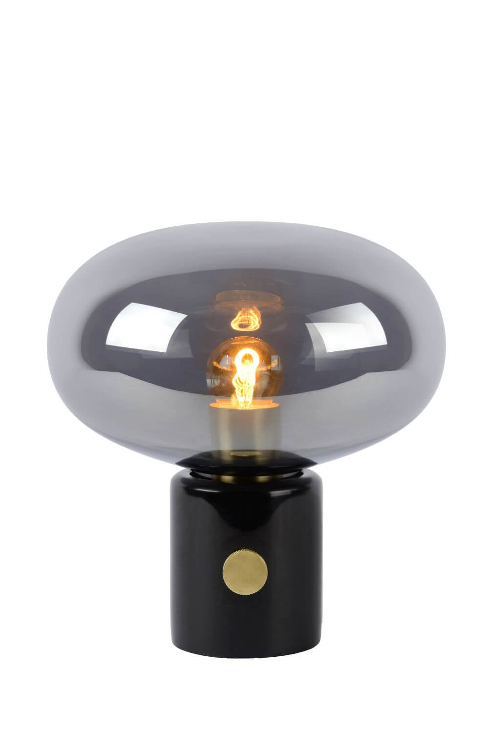 Produit seul sur fond blanc, abat-jour ovale en verre gris fumé.