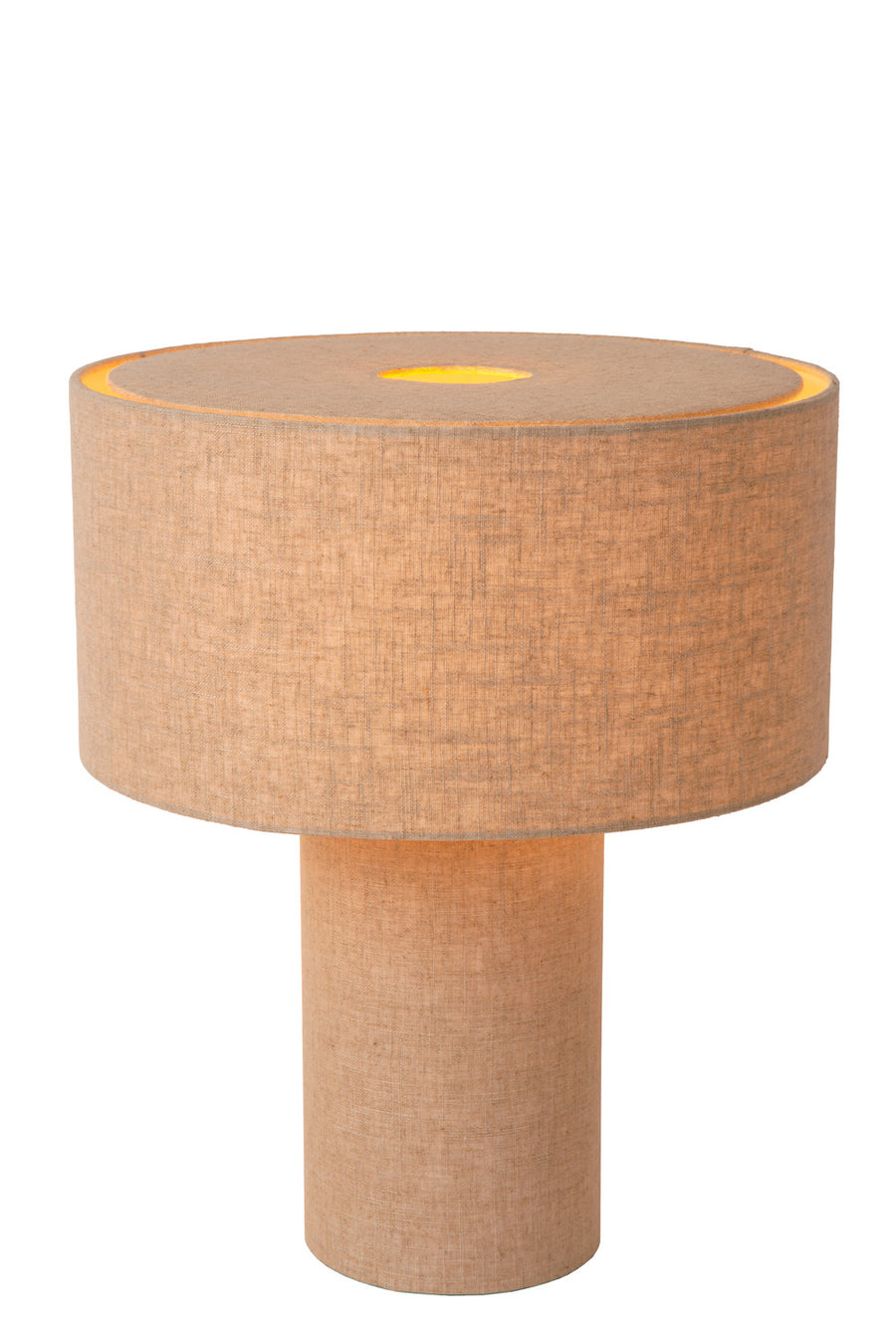 Produit de face sur fond blanc, abat-jour et pied cylindriques en lin