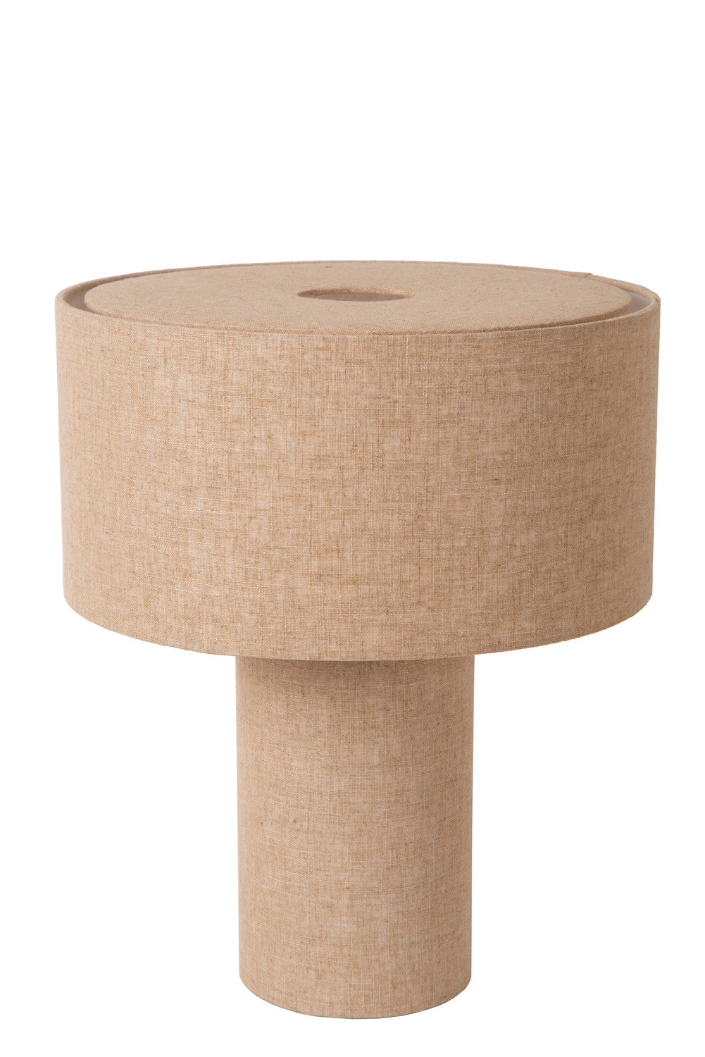 Luminaire éteint présenté de face, silhouette cylindrique en lin naturel