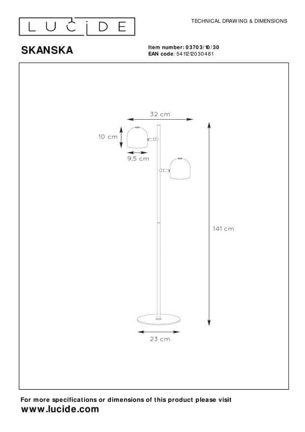Schéma technique coté du lampadaire avec les dimensions en centimètres.