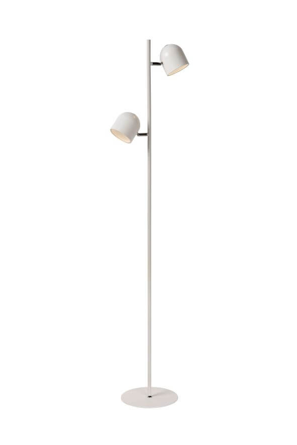 Lampadaire blanc à deux abat-jours coniques orientables présenté sur fond blanc