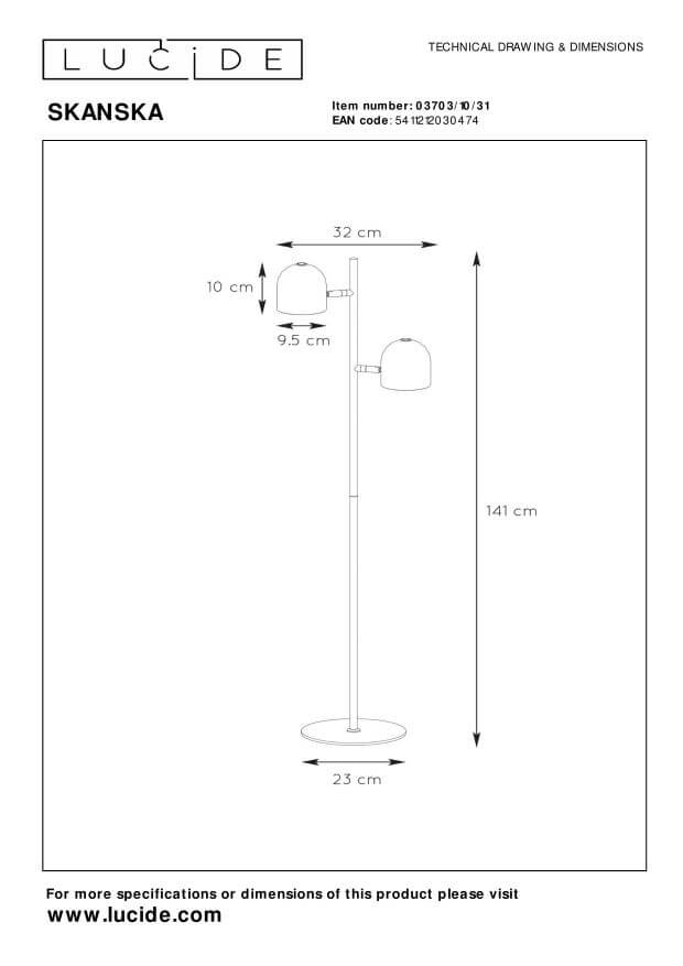 Schéma technique coté du lampadaire blanc avec hauteur 141 cm et base 23 cm