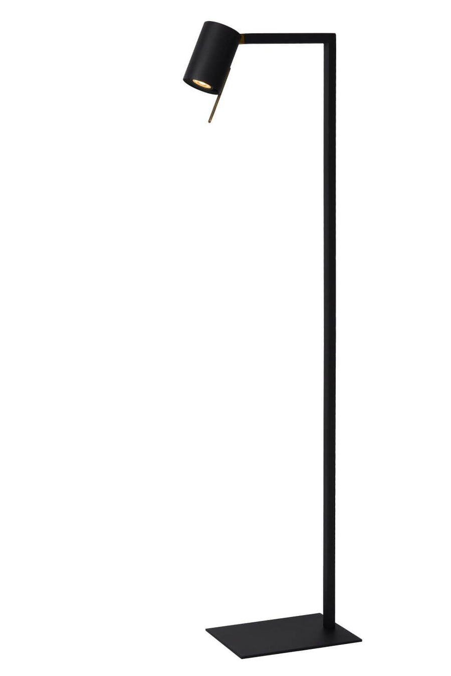Lampadaire noir entier sur fond blanc, abat-jour cylindrique incliné vers le bas.