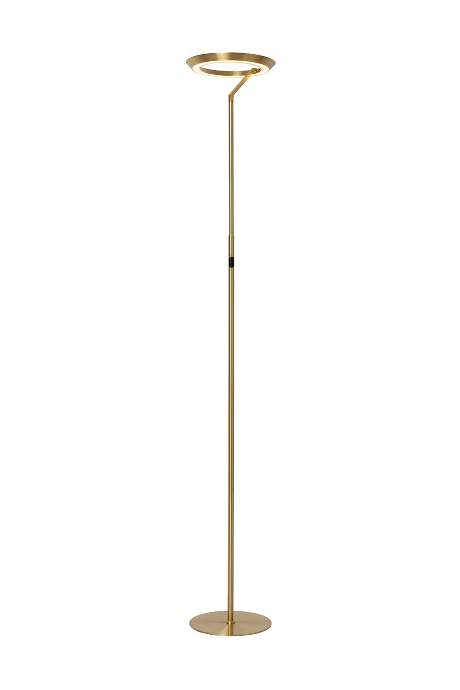Lampadaire doré entier de face sur fond blanc, pied circulaire plat