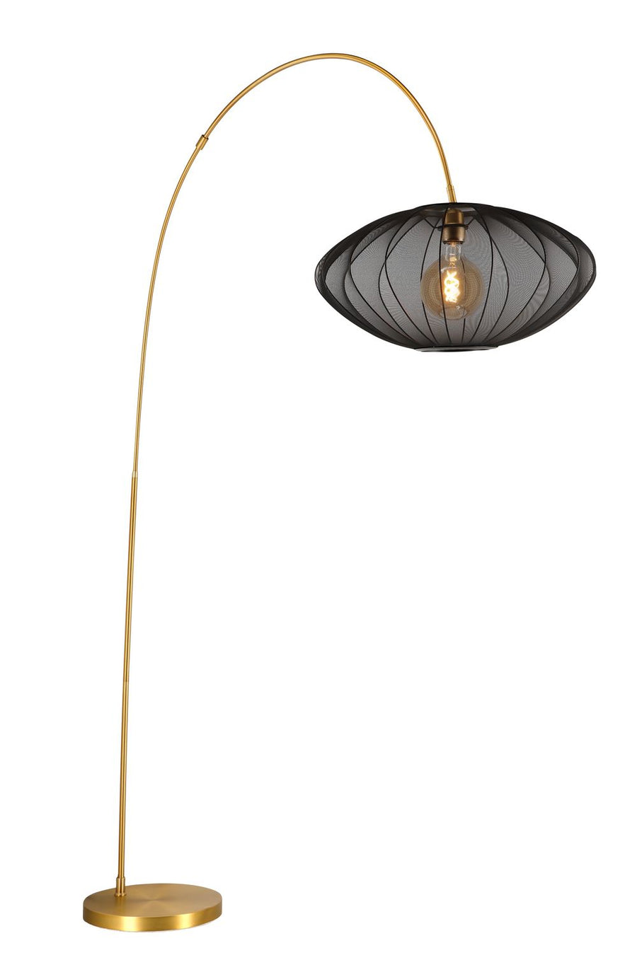 Vue de profil du même lampadaire, abat-jour noir ovale en tissu et ampoule apparente.