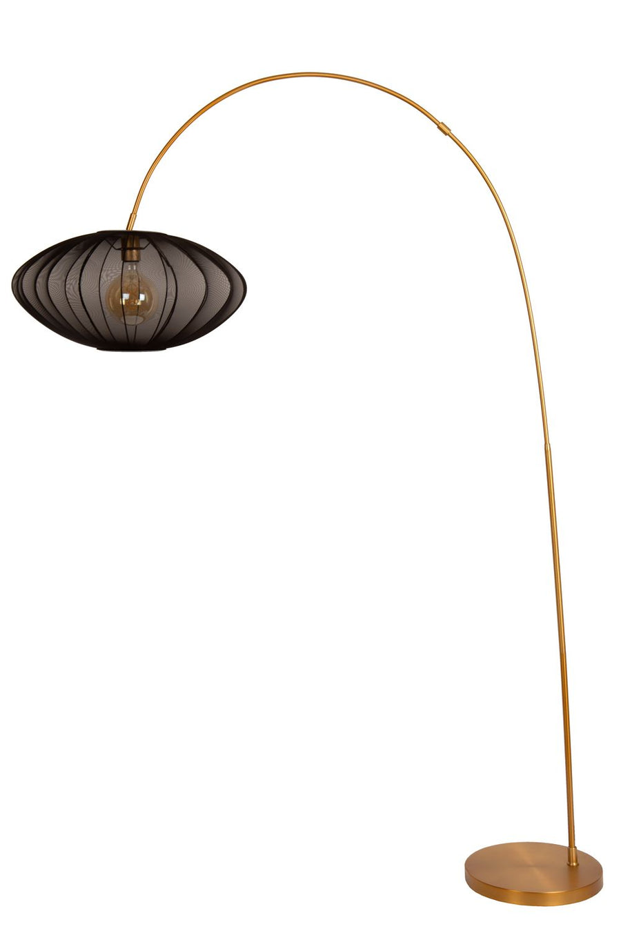Lampadaire arqué noir et doré présenté dans l'autre sens, abat-jour en tissu suspendu.
