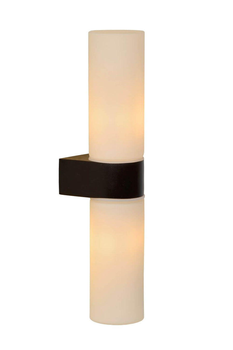 Produit seul allumé, cylindres de verre opale et bandeau central noir mat