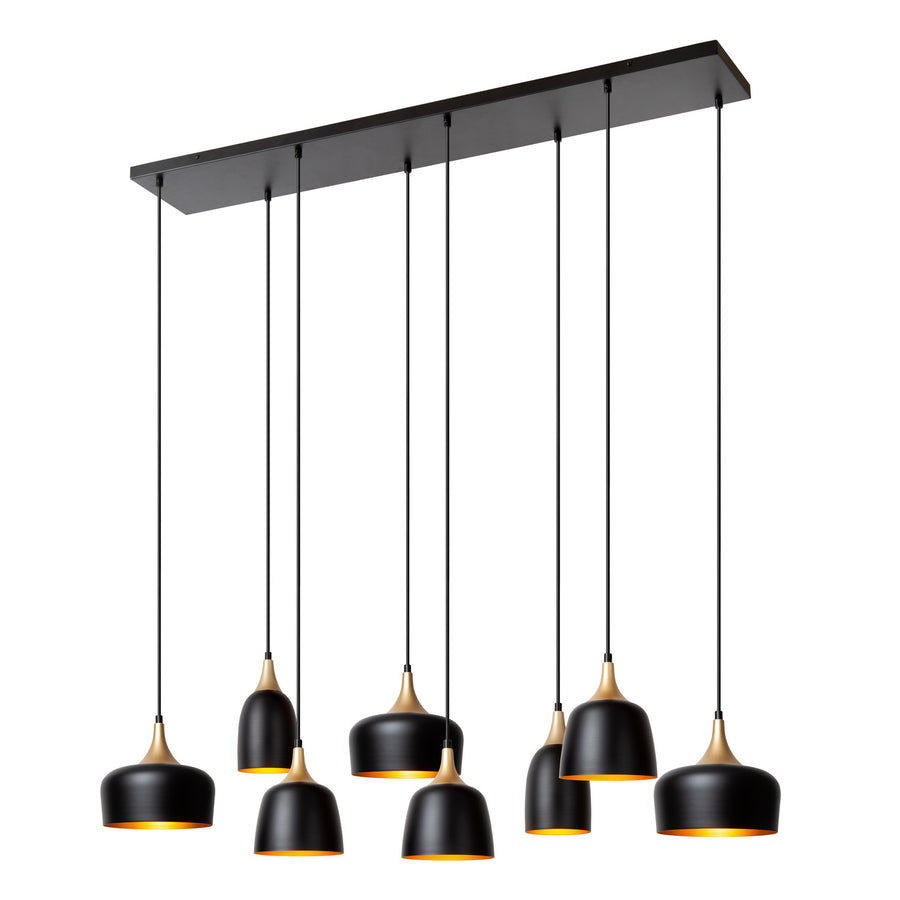 Vue en perspective du luminaire avec plateau rectangulaire et suspensions décalées