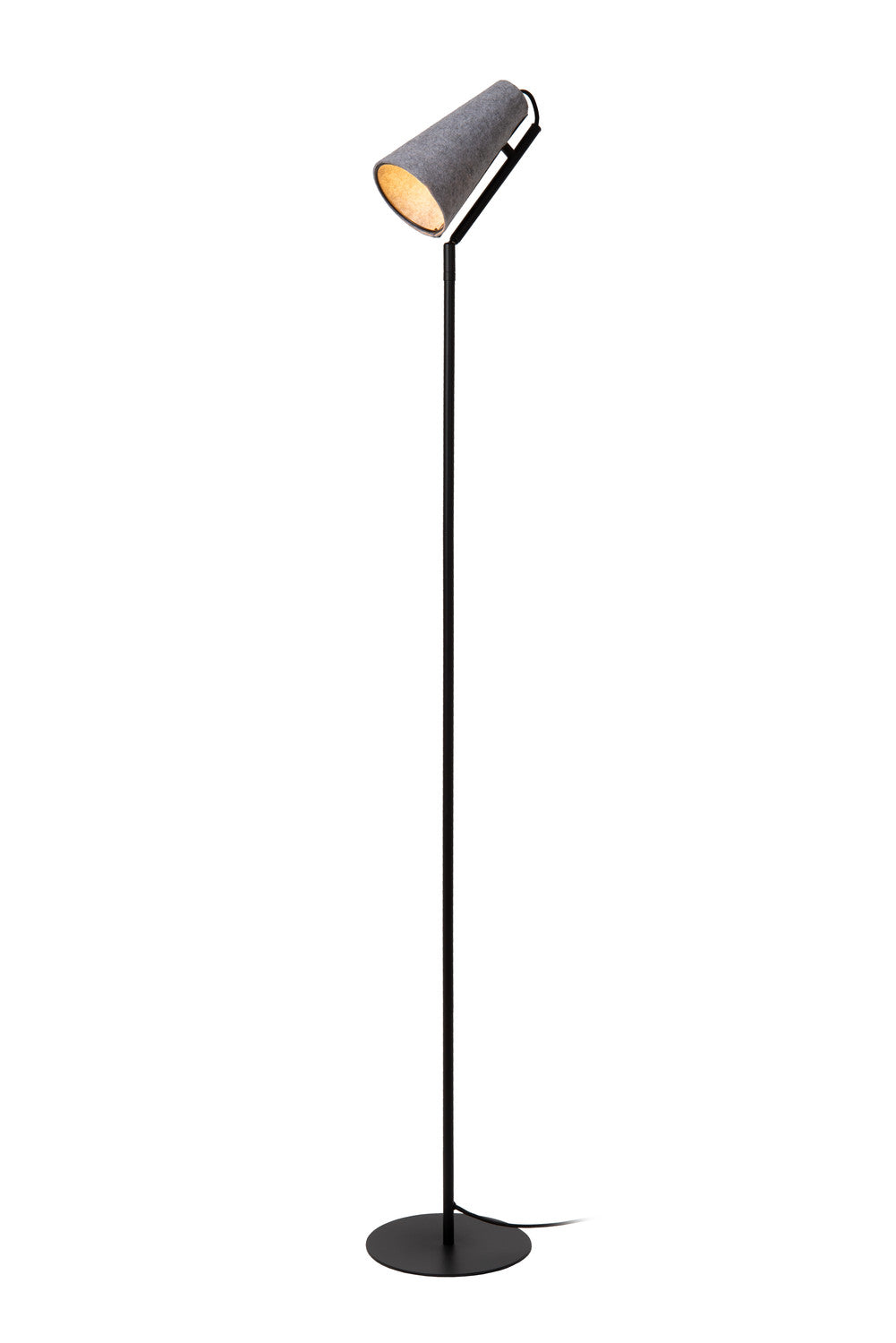 Lampadaire entier dressé sur base ronde noire, vu de face sur fond blanc