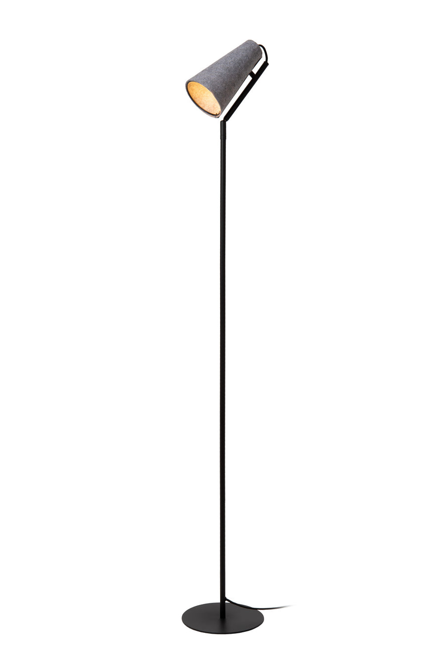 Lampadaire entier dressé sur base ronde noire, vu de face sur fond blanc