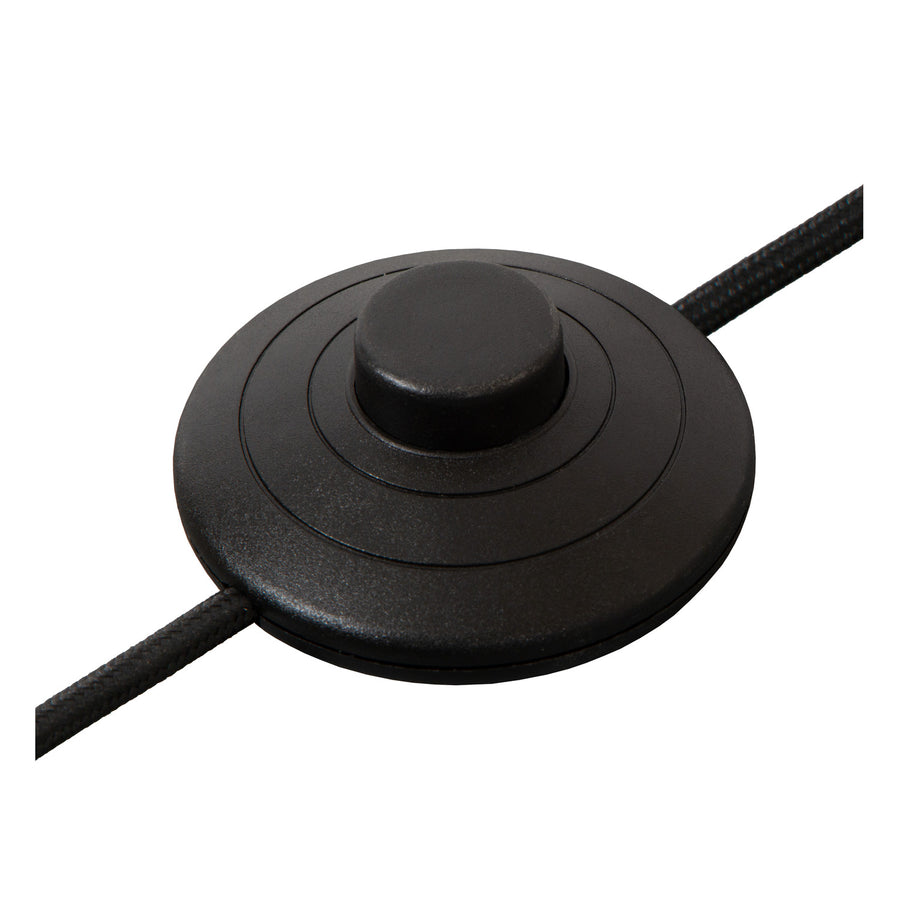Détail de la base ronde noire traversée par un câble textile tressé