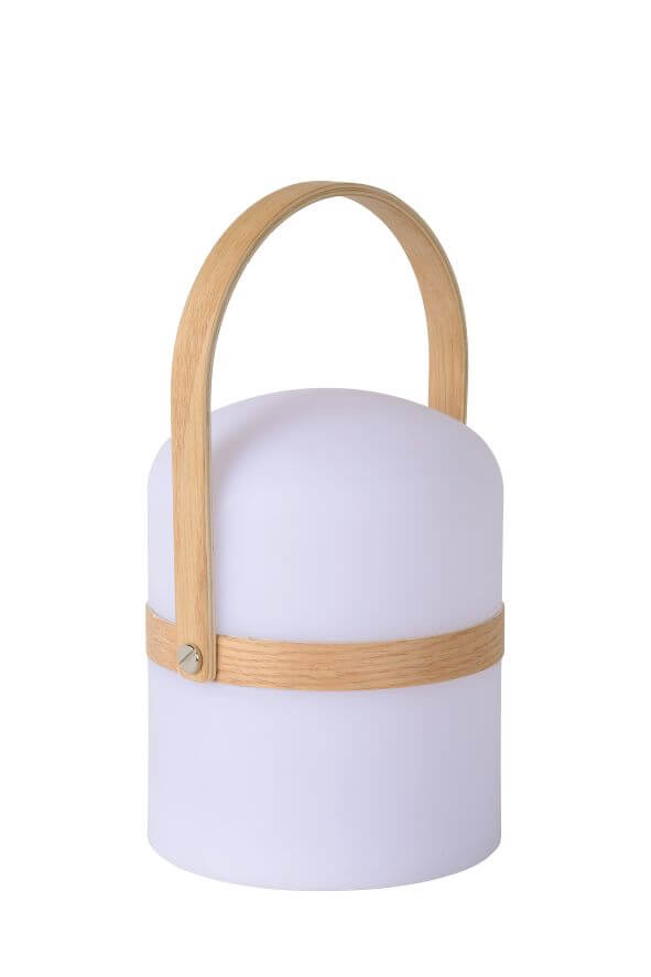 Présentation du luminaire blanc éteint, anse arquée en bois et corps cylindrique arrondi