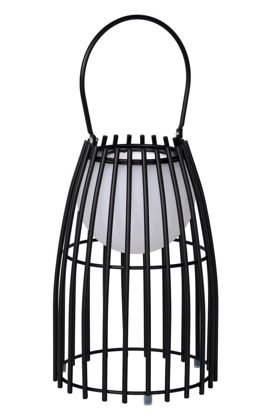 Lampe noire en cage avec sphère blanche éteinte, présentée de face sur fond blanc.