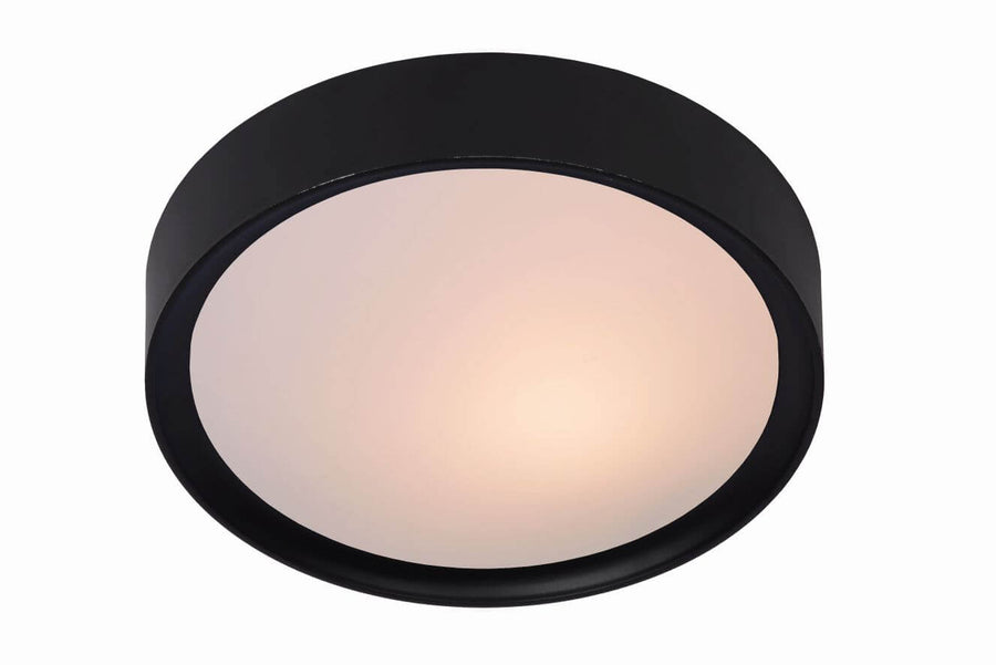 Plafonnier rond noir avec diffuseur blanc, présenté sur fond blanc