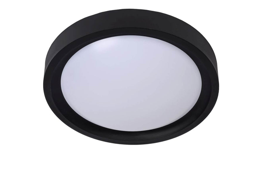 Vue de trois quarts du plafonnier noir et de sa coupole en verre blanc