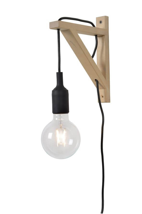 Produit de face sur fond blanc : support en bois clair et douille noire suspendue